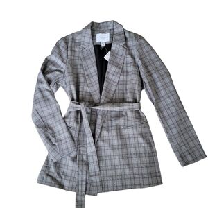 Carolina Belle Blazer Gray Burgundy Tartan Plaid Open Front Tie Belt